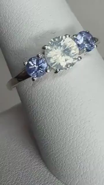 Fancy Off-White Sleepy Milky Natural Zircon and Tanzanite 3 Stone Trilogy Ring in Sterling Silver size 8.75