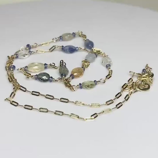 Multi-Color Untreated Burmese and African Sapphires Beaded Solid 14k Gold Station Chain Necklace Adjustable