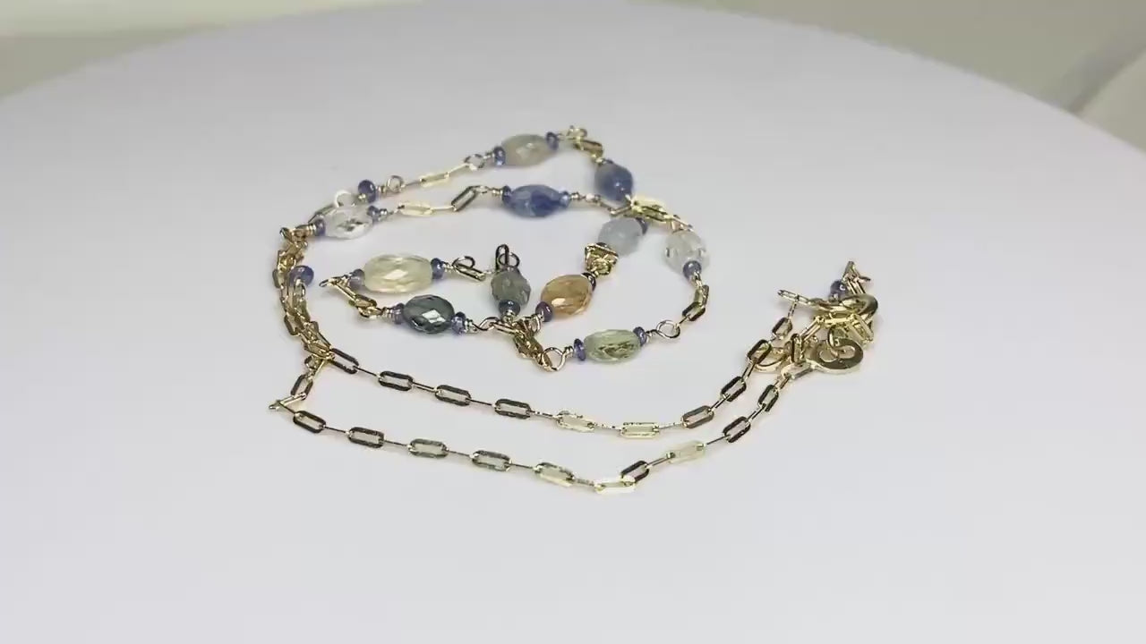 Multi-Color Untreated Burmese and African Sapphires Beaded Solid 14k Gold Station Chain Necklace Adjustable