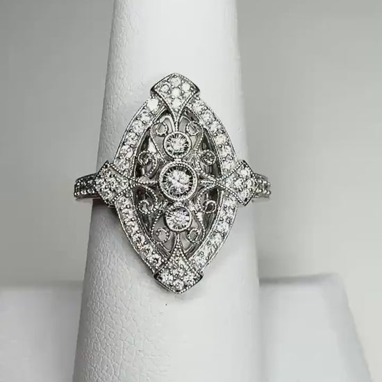 Navette Diamond Ring Art Deco Revival in Solid 14k White Gold size 7