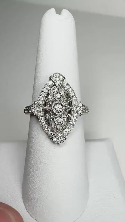 Navette Diamond Ring Art Deco Revival in Solid 14k White Gold size 7