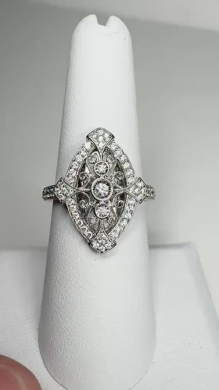 Navette Diamond Ring Art Deco Revival in Solid 14k White Gold size 7