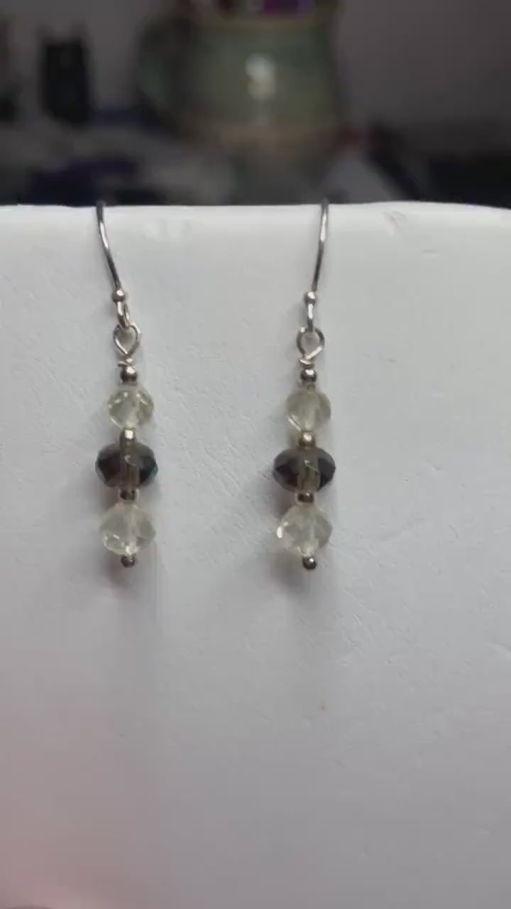 Oregon Sunstone and smokey quartz beaded dangle drop earrings