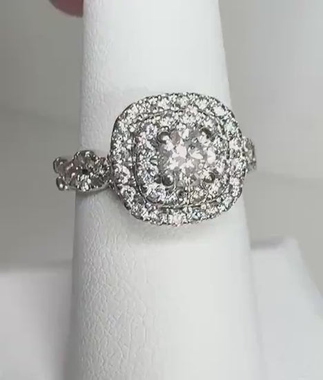 Natural Diamond Double Halo Engagement Cocktail Style Ring in Solid 14k White Gold size 6.75 1.3ctw .45ct ctr