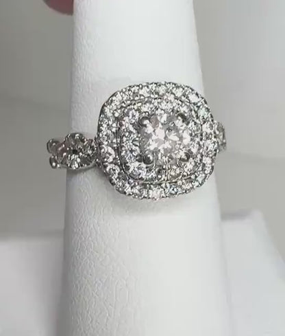 Natural Diamond Double Halo Engagement Cocktail Style Ring in Solid 14k White Gold size 6.75 1.3ctw .45ct ctr