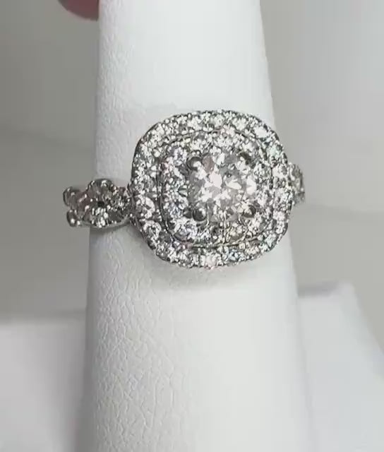 Natural Diamond Double Halo Engagement Cocktail Style Ring in Solid 14k White Gold size 6.75 1.3ctw .45ct ctr