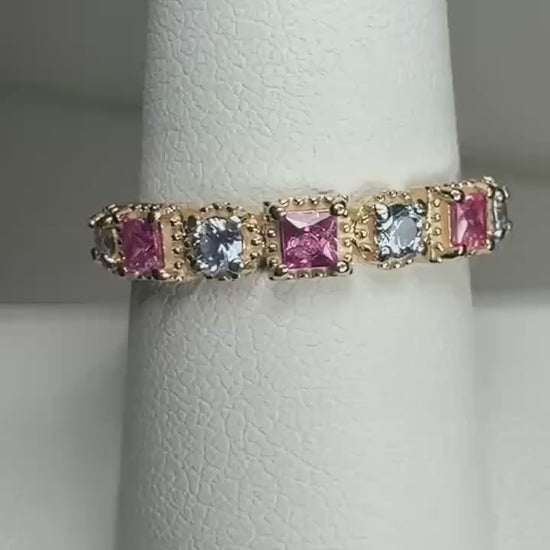 Natural Pink and Light Violetish Blue Sapphire Band Ring in Solid 9k Gold size 8