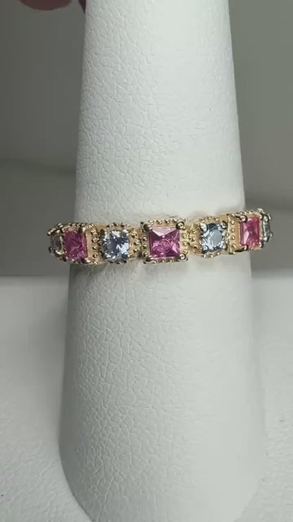 Natural Pink and Light Violetish Blue Sapphire Band Ring in Solid 9k Gold size 8