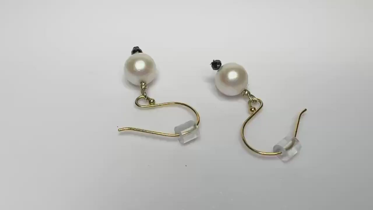 Cultured Akoya Pearls 6mm with Natural Black Diamond Beads 2mm Dangle Drop Earrings in Solid 14k Gold