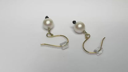 Cultured Akoya Pearls 6mm with Natural Black Diamond Beads 2mm Dangle Drop Earrings in Solid 14k Gold