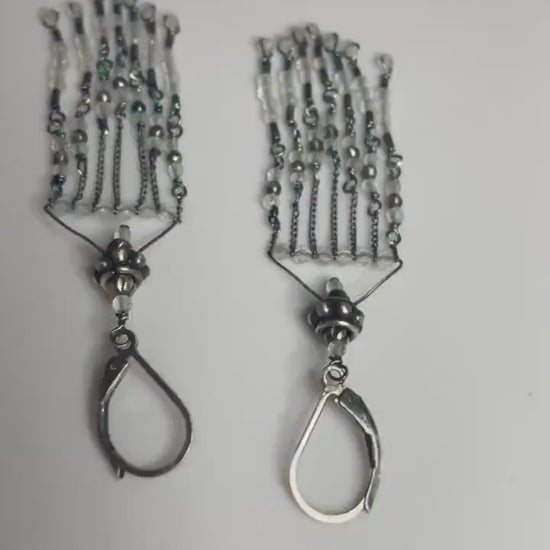 Rock Crystal Quartz beaded solid sterling silver fringe dangle drop earrings