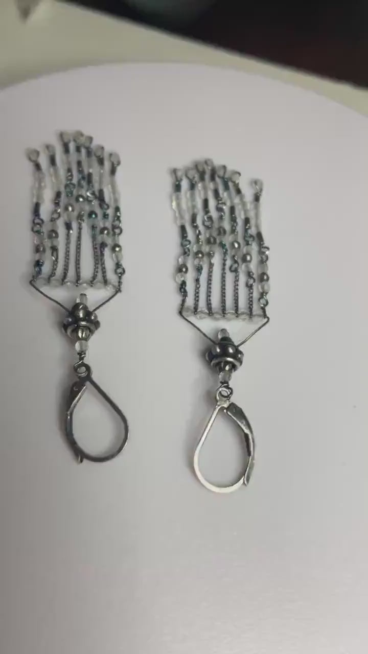 Rock Crystal Quartz beaded solid sterling silver fringe dangle drop earrings