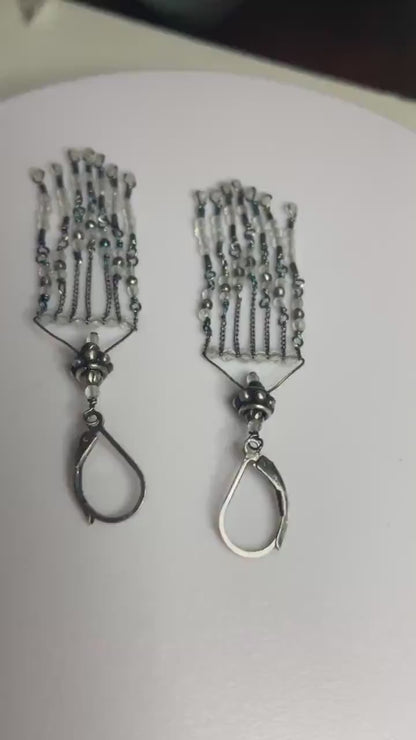 Rock Crystal Quartz beaded solid sterling silver fringe dangle drop earrings