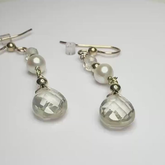 Oregon Sunstone and Cultured Pearl Dangle Drop Earrings Gold Filled
