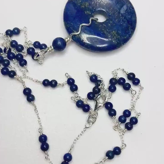 Lapis Lazuli Sterling Silver Donut Pi Removable Pendant Necklace Beaded Sterling Silver Adjustable 22"