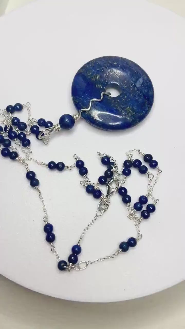 Lapis Lazuli Sterling Silver Donut Pi Removable Pendant Necklace Beaded Sterling Silver Adjustable 22"